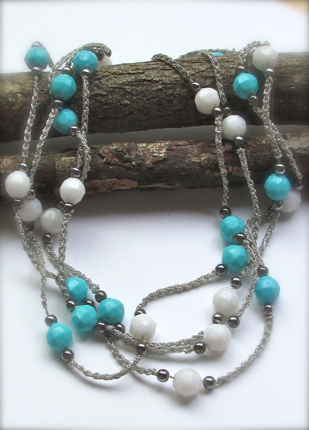 Blue & white beaded vintage necklace on tiny crocheted silvery thread