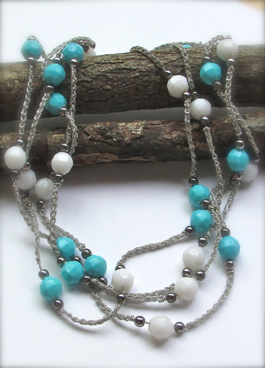 Blue & white beaded vintage necklace on tiny crocheted silvery thread