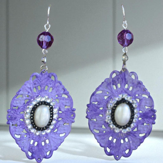 Purple, rhinestone and faux pearl mixed material dangle earrings