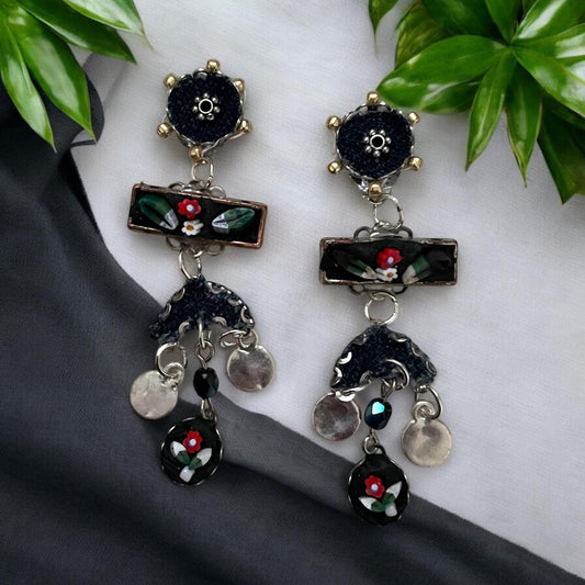 Micro Mosaic Dangle Earrings: Italian Folk Art Design (Sterling Silver)