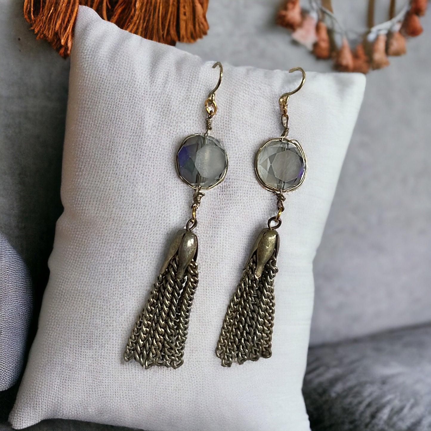 Beveled silvery blue glass and metal tassel handmade earrings