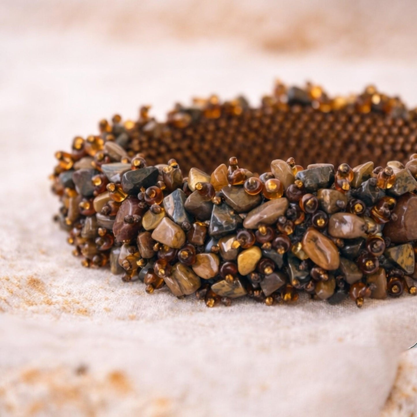 Chunky Brown Stone & Amber Colored Beaded Bracelet, Artisan Gemstone Cuff, Earth Tone Statement Jewelry, Wide Boho Beadwork Bracelet
