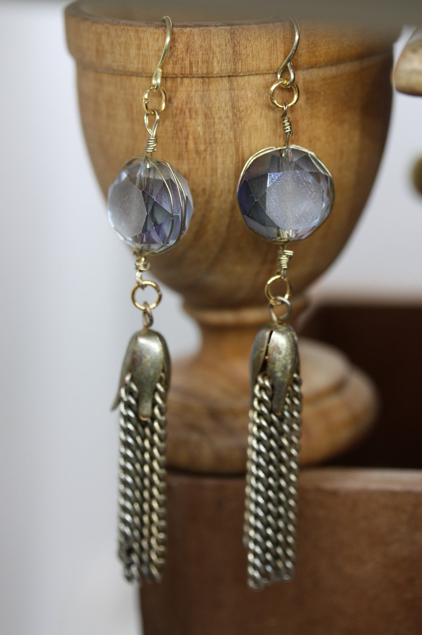 Beveled silvery blue glass and metal tassel handmade earrings