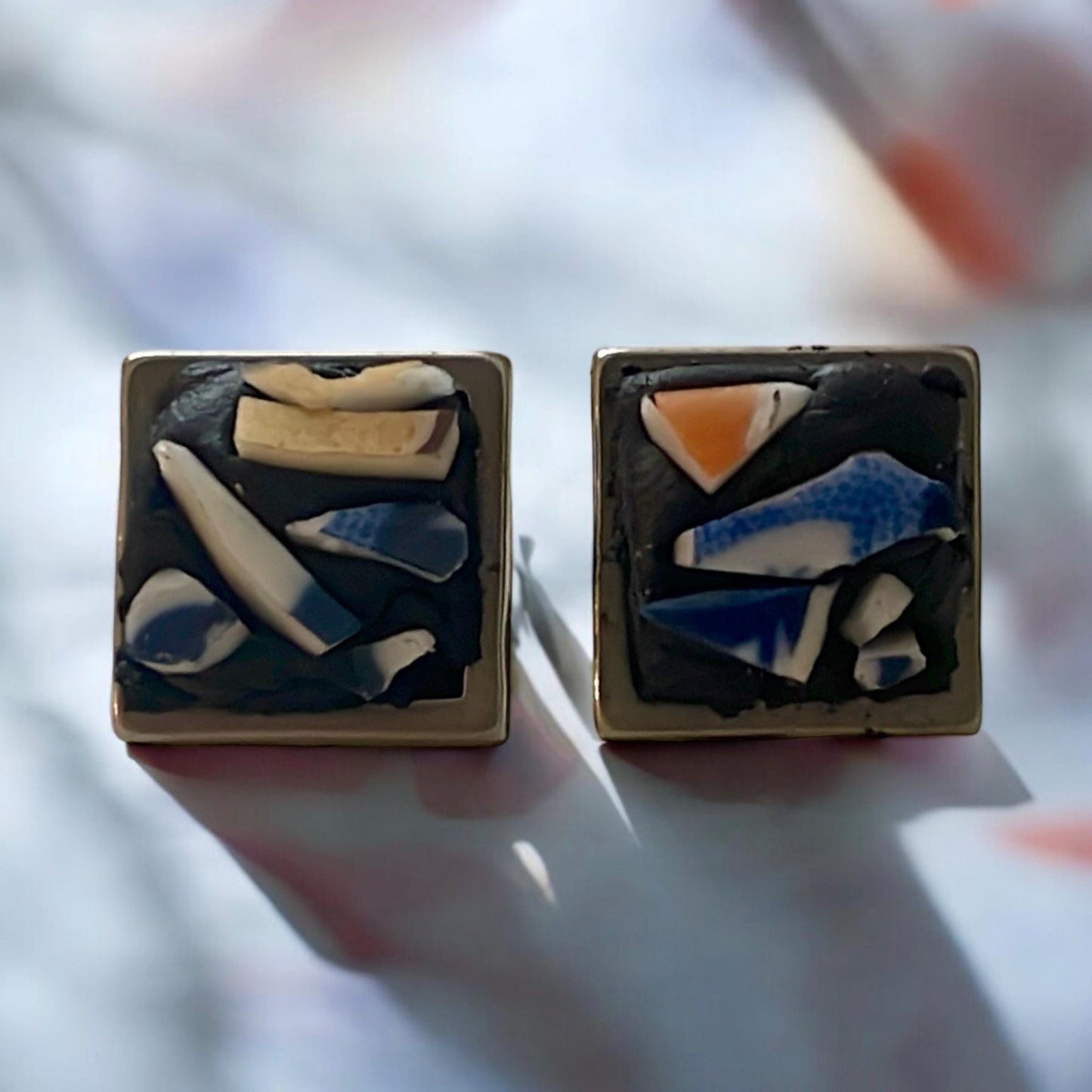 Square Stud Earrings: Vintage Dish Mosaic - Handcrafted Glass