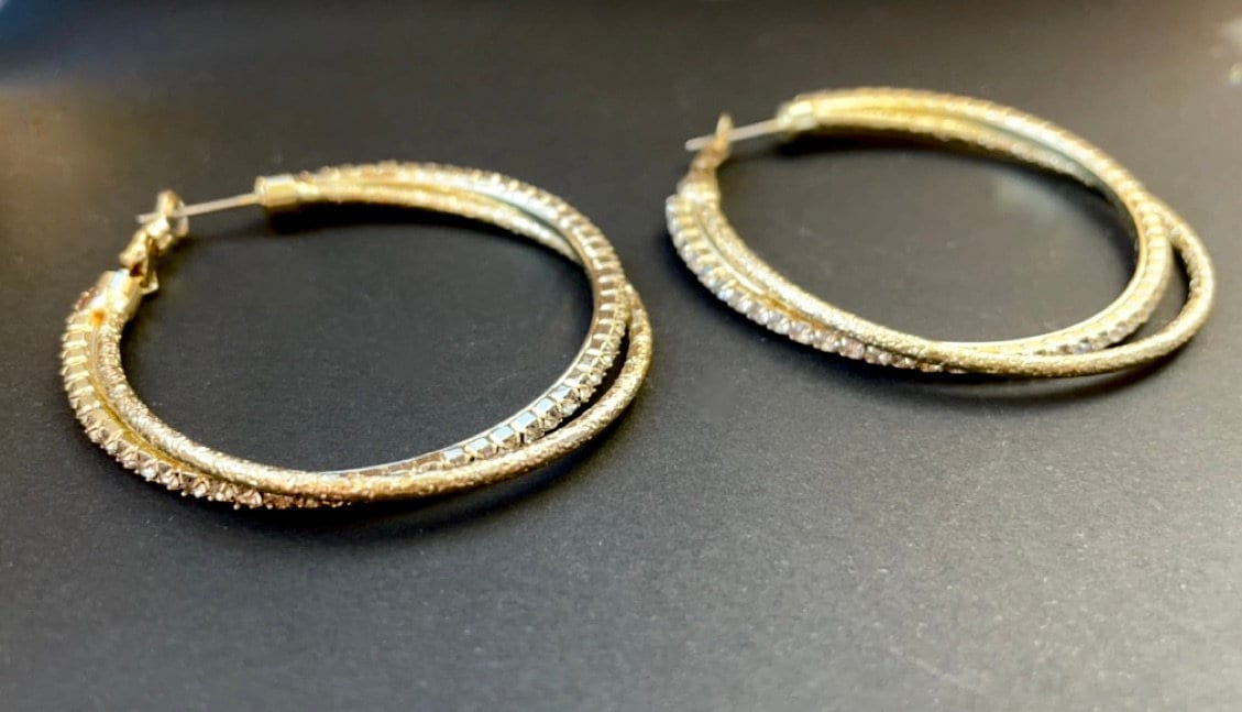 Unique double-hoop vintage earrings - rhinestone and gold
