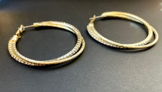 Unique double-hoop vintage earrings - rhinestone and gold
