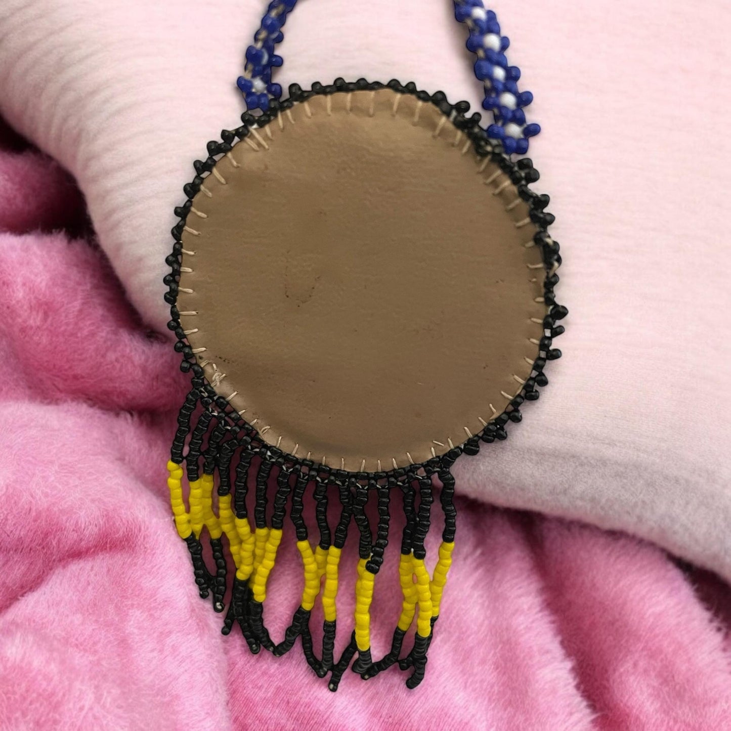Native American style seed bead beadwork yellow, black and red stunning necklace