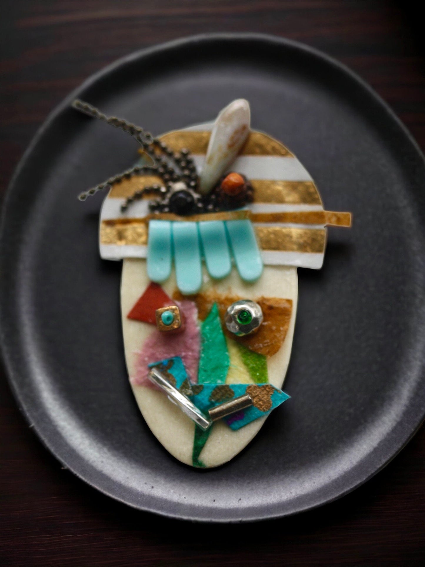 Meet "Bernice" - Assemblage art / mixed media collage - magnet, pin, necklace pendant or hair pin