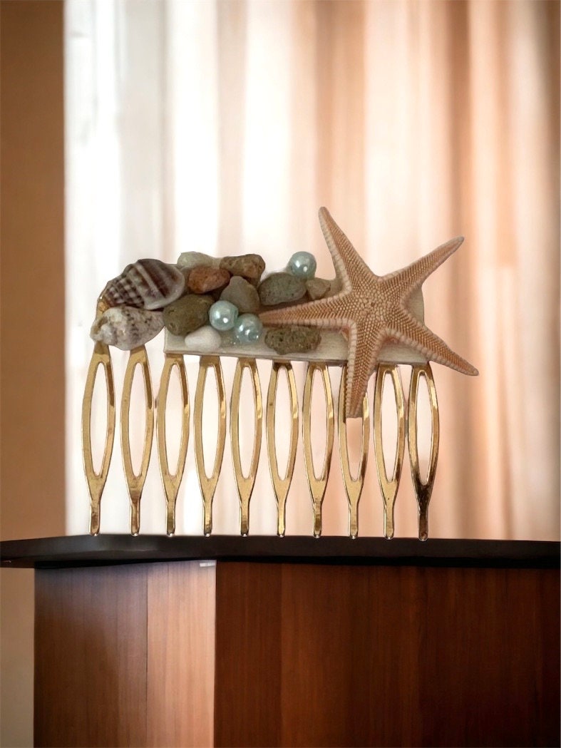 Stunning beach themed hair comb - starfish, stones, shells, faux pearls on goldtone metal