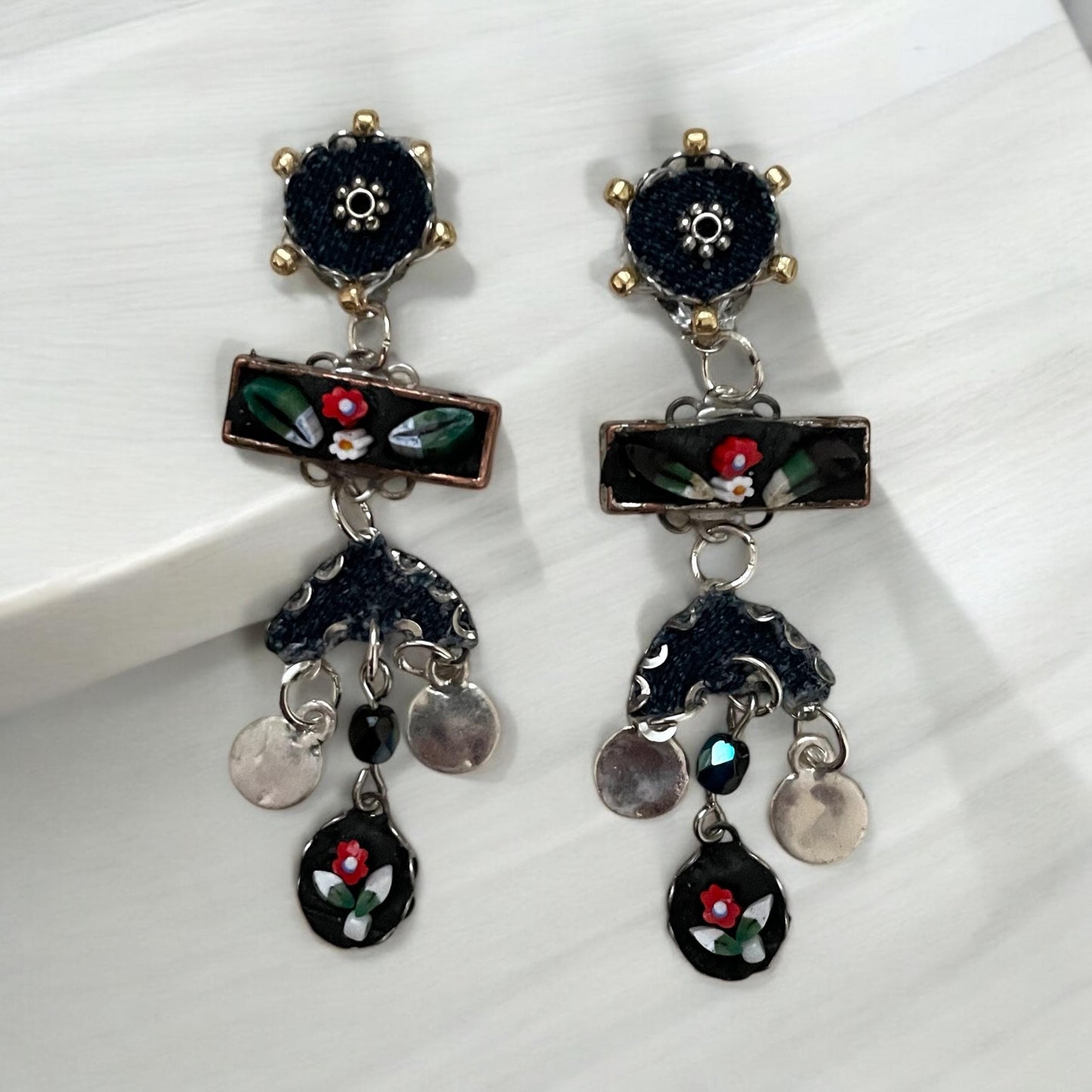 Handmade Italian and folk art inspired hand cut micro mosaic glass millefiori, denim and beadwork dangle earrings. Sterling silver ear wires