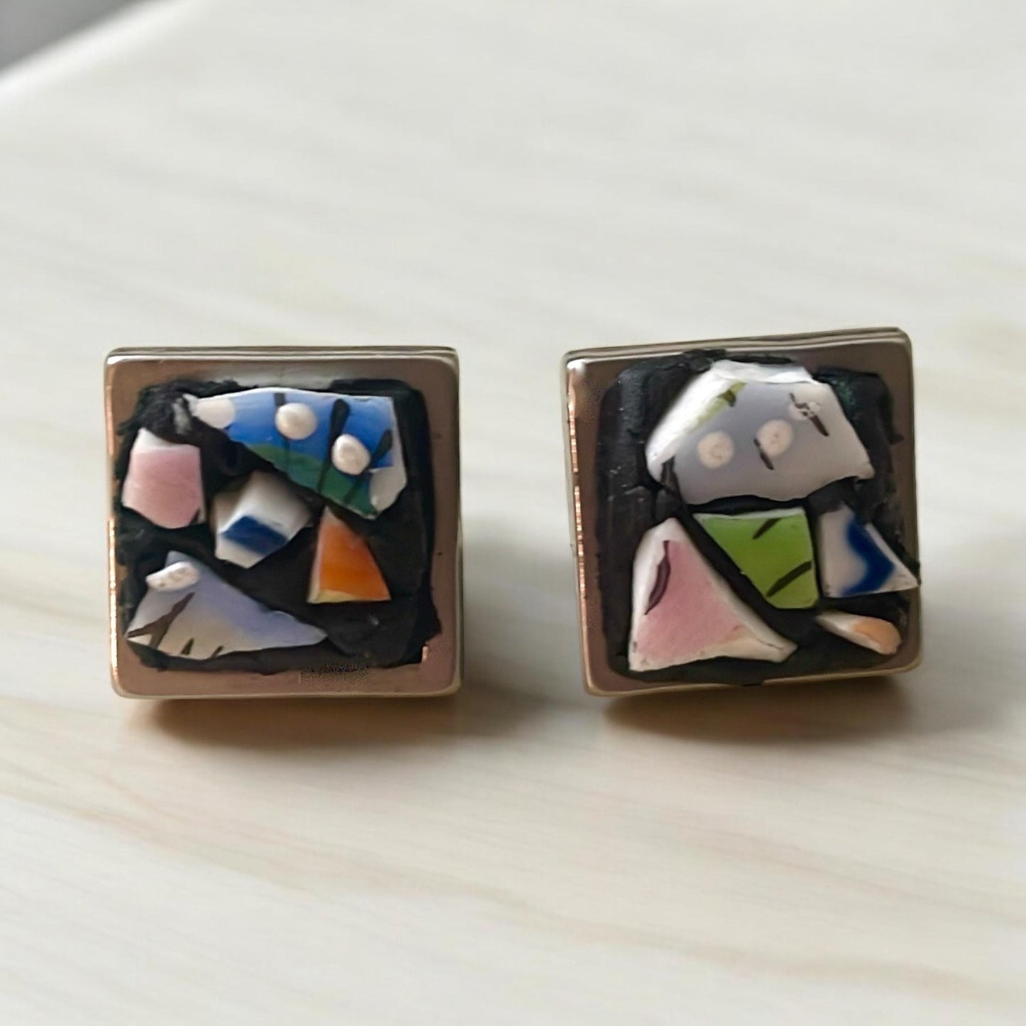 Abstract Mosaic Tile Earrings, Square Studs (Handmade Vintage Glass)