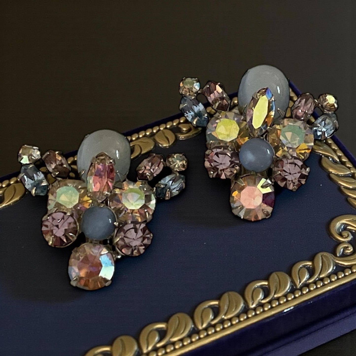 Vintage Rhinestone Cluster Clip On Earrings | Pastel Aurora Borealis Crystal Earrings | Mid Century Costume Jewelry