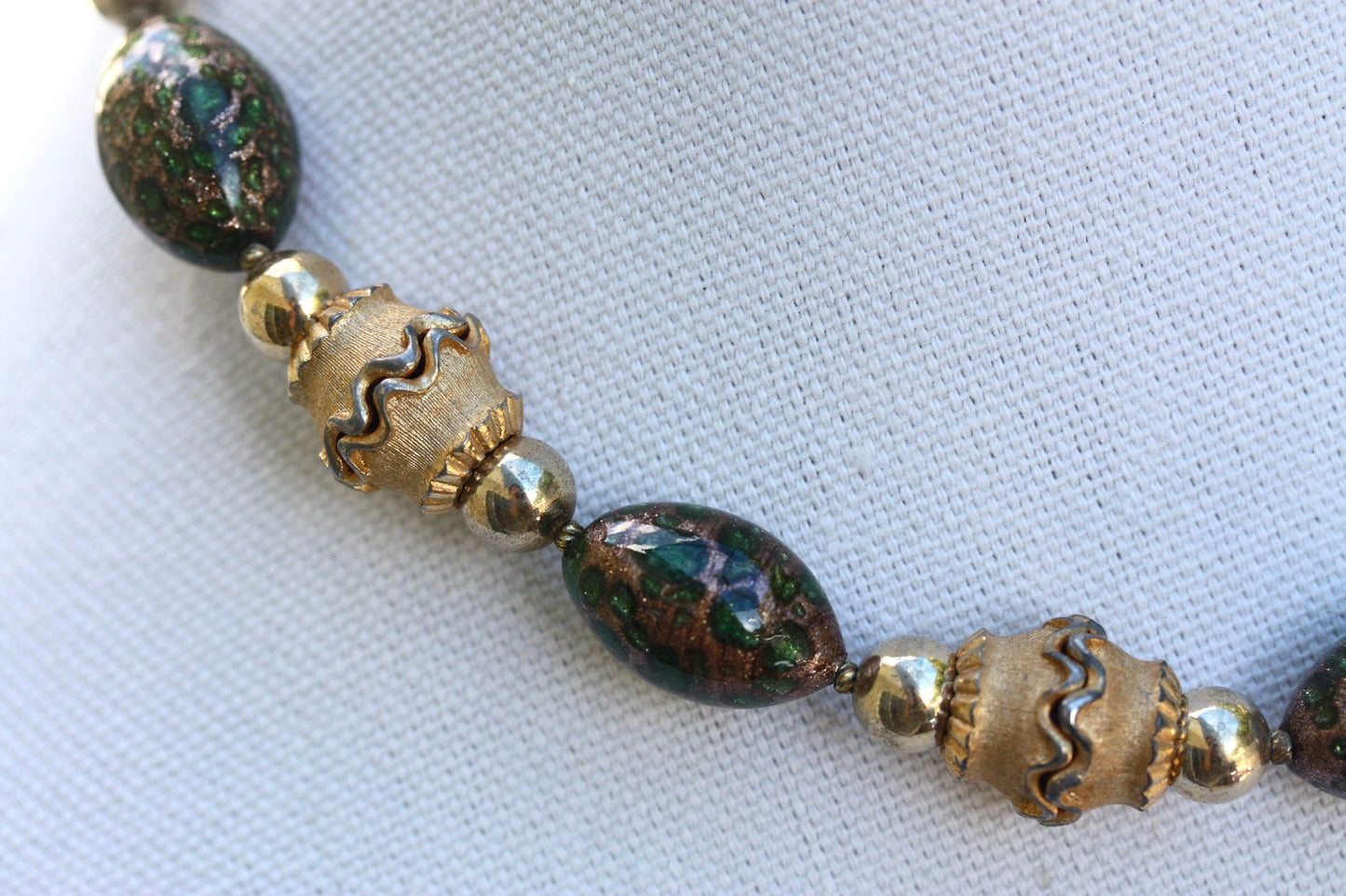 Rare Crown Trifari 1950's Murano Glass Beaded Etruscan Style Necklace - green and gold