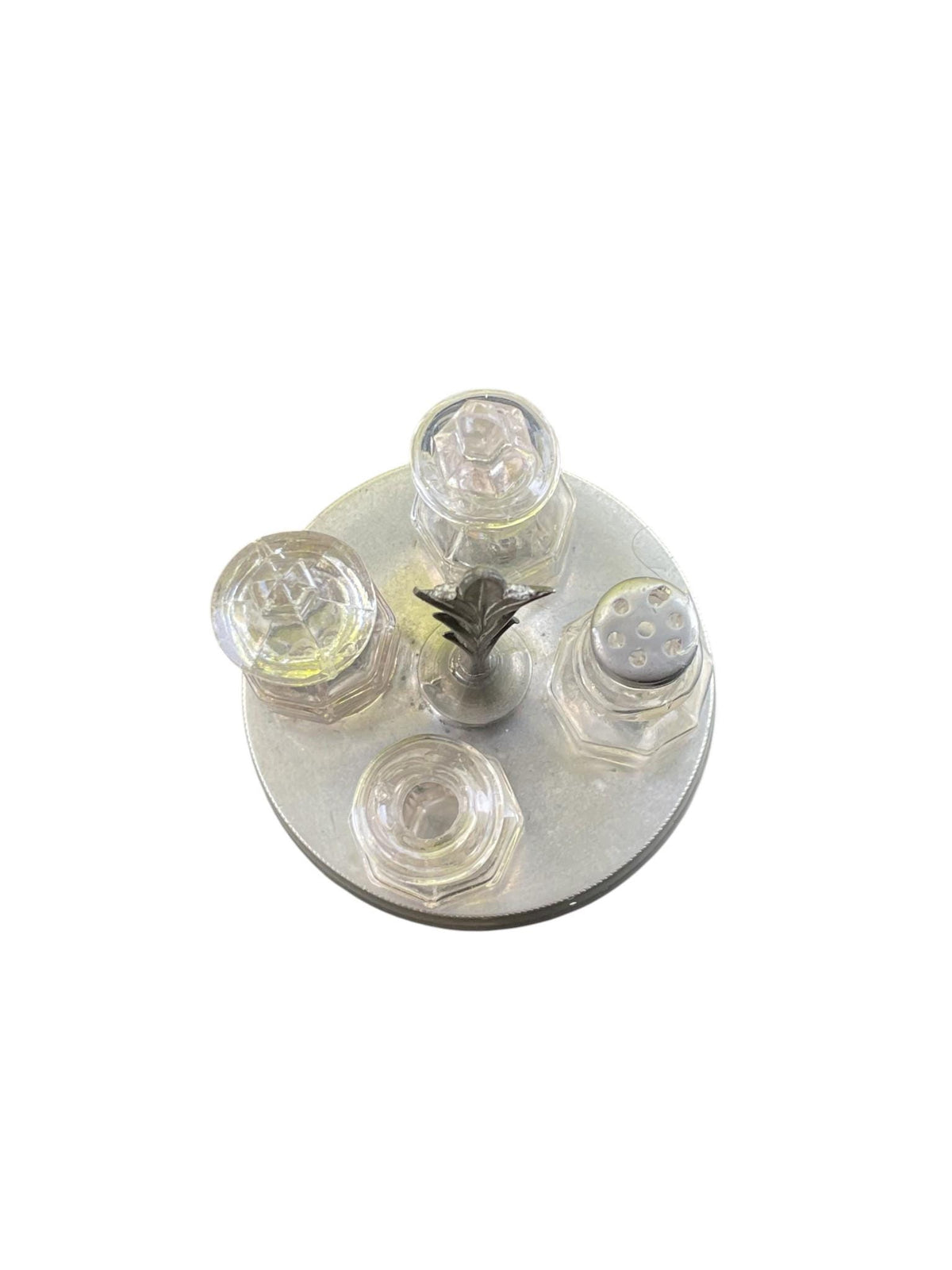 Vintage Glass Cruet Set with Metal Carousel Stand | 4 Piece Condiment Set | Salt Pepper Oil Vinegar Tableware