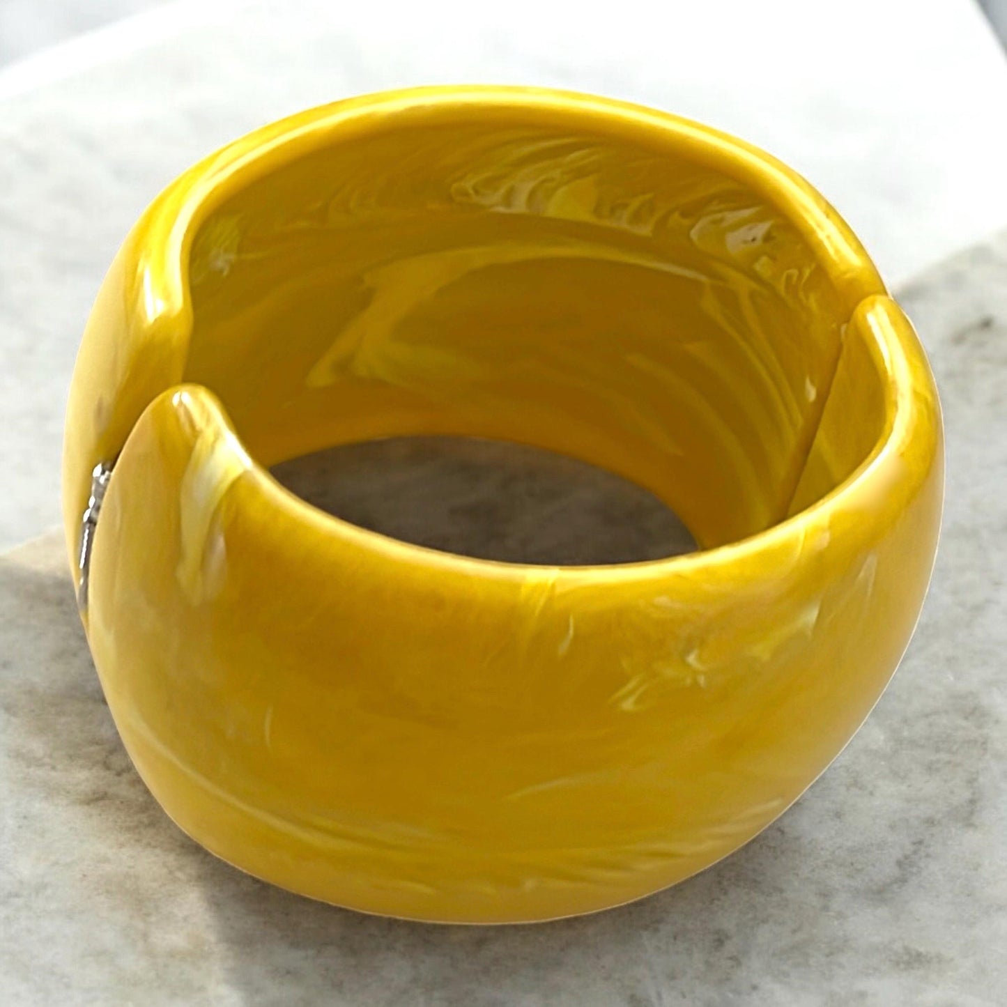 Vintage Canary Yellow Lucite Clamper Bracelet • Wide Marbled Bangle • Chunky Statement Jewelry • Retro Cuff