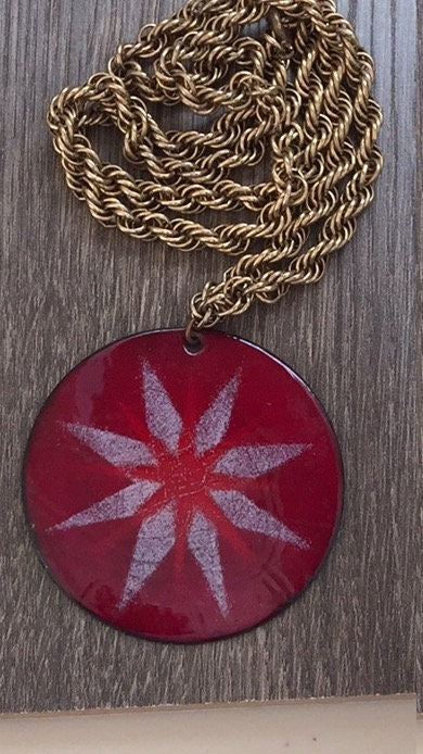 Unique mid century modern vintage enamel on copper necklace - red