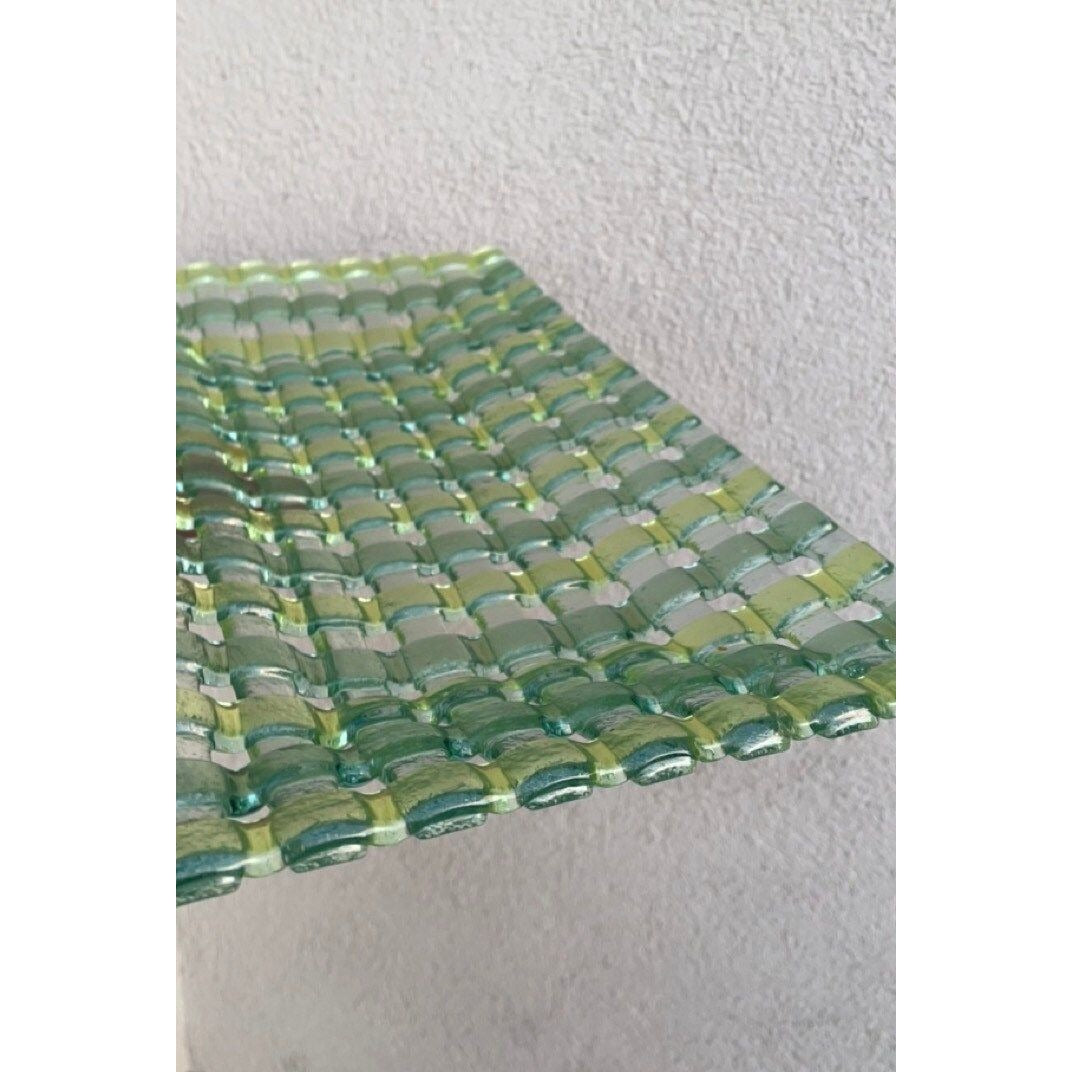 Stunning woven fused glass long dish in light shades of green