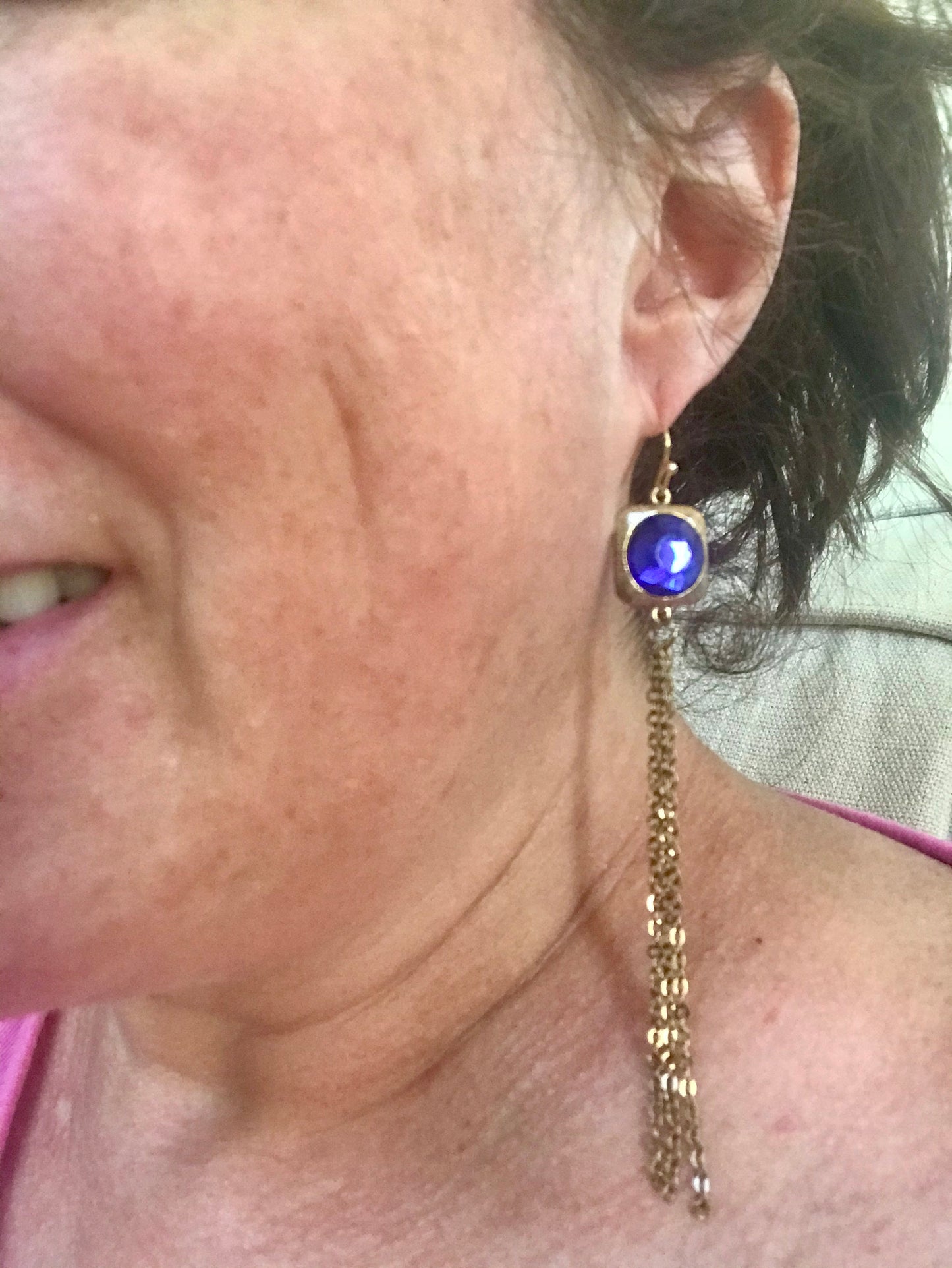 Super long 4-inch royal blue rhinestone and metal tassel dangle earrings