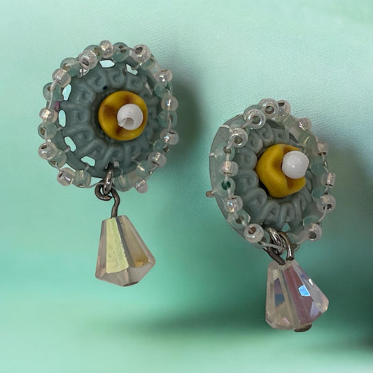Stud earrings made of hand beaded vintage buttons with crystals