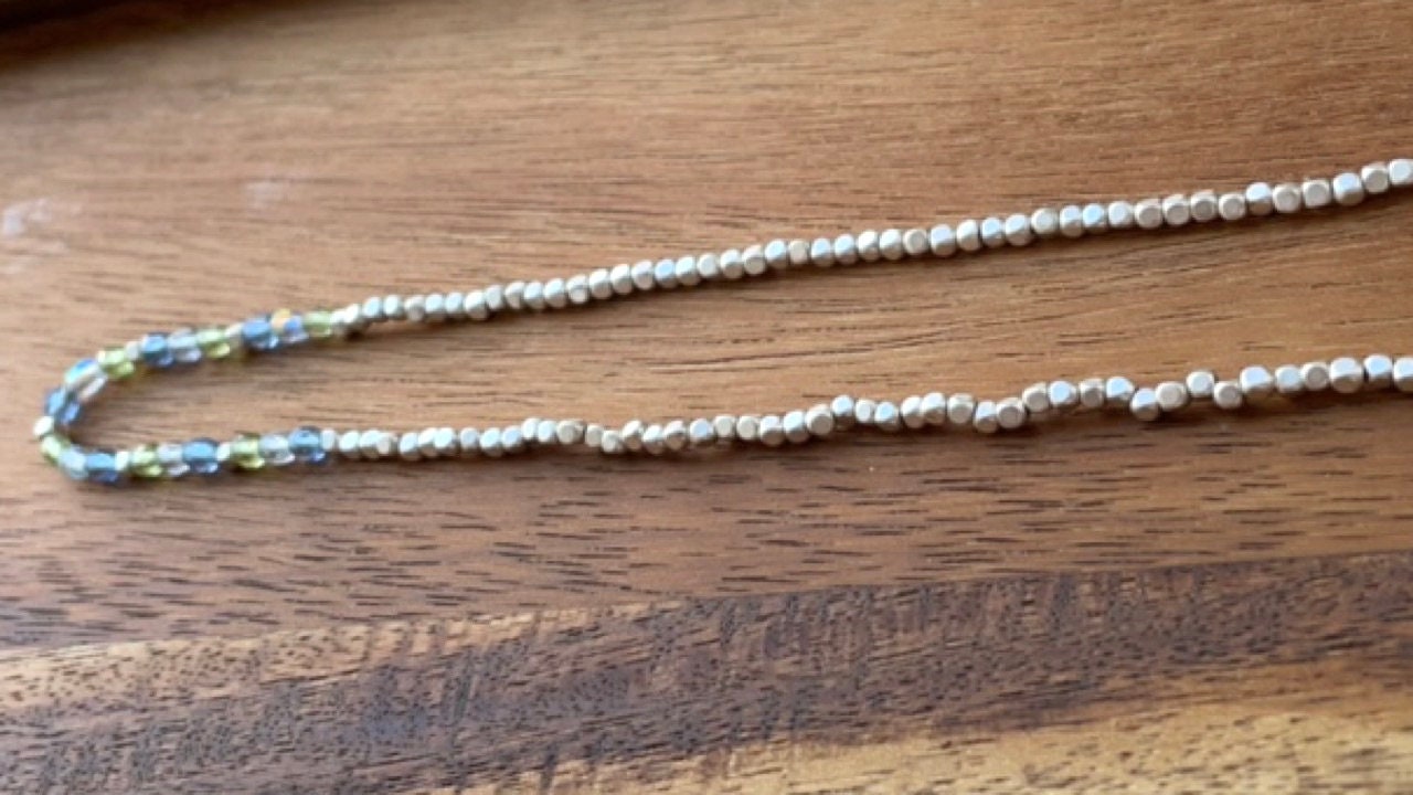 Minimalist necklace - tiny blue and green crystals with tiny silver cubed beads