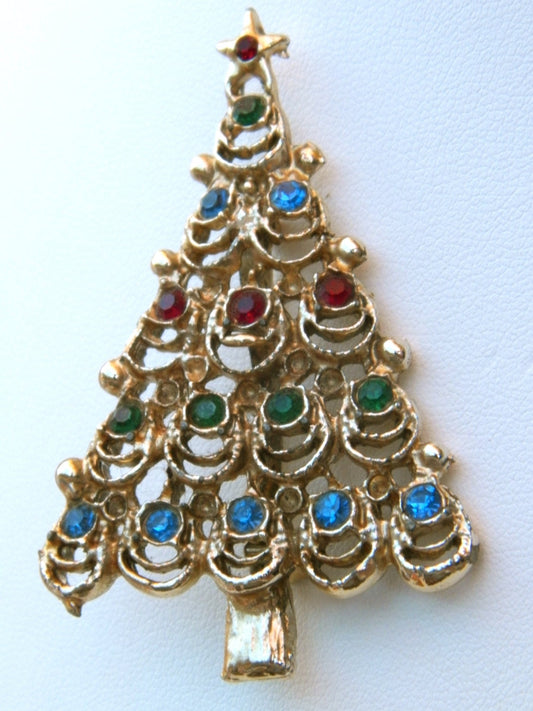 Vintage Christmas pin/Holiday pin - Christmas tree with rhinestones