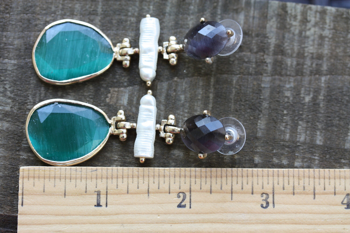 Stunning and unique glass and pearl unsigned vintage earrings - purple amethyst?, turquoise and pearly white