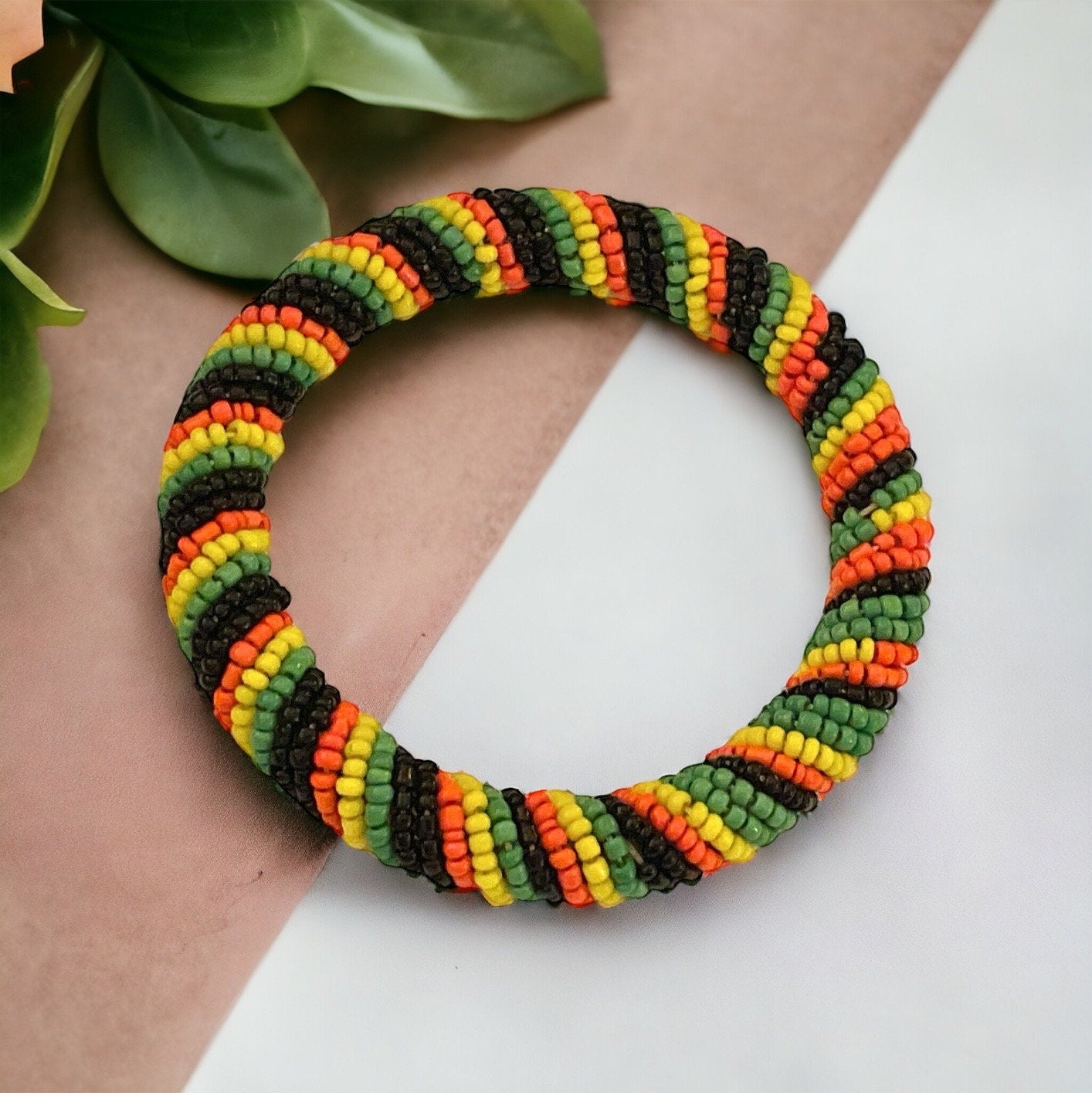 Seed beaded vintage bangle bracelet - Orange, yellow, green and black