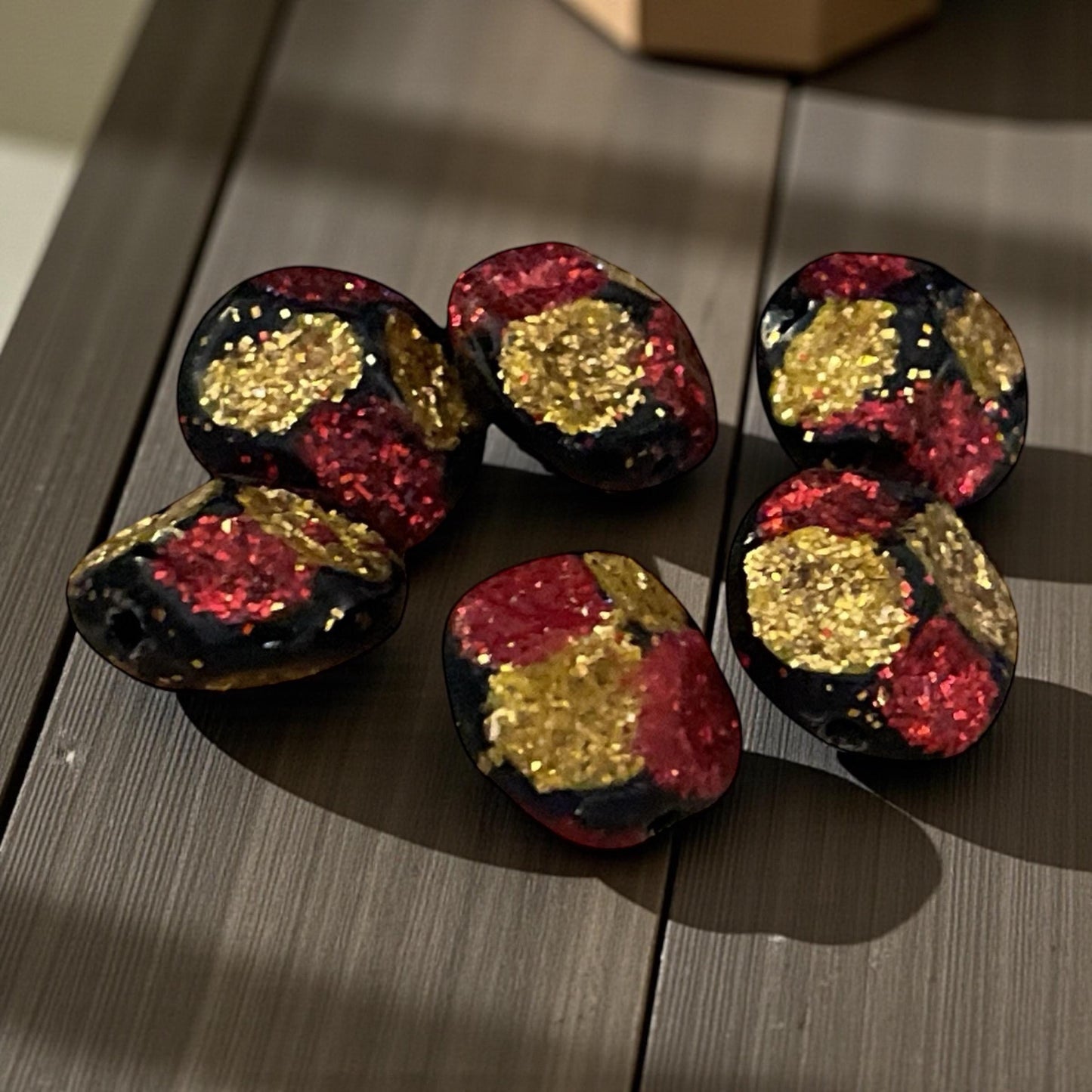 Vintage Red & Gold Glitter on uniquely shaped black Beads – for Jewelry Making