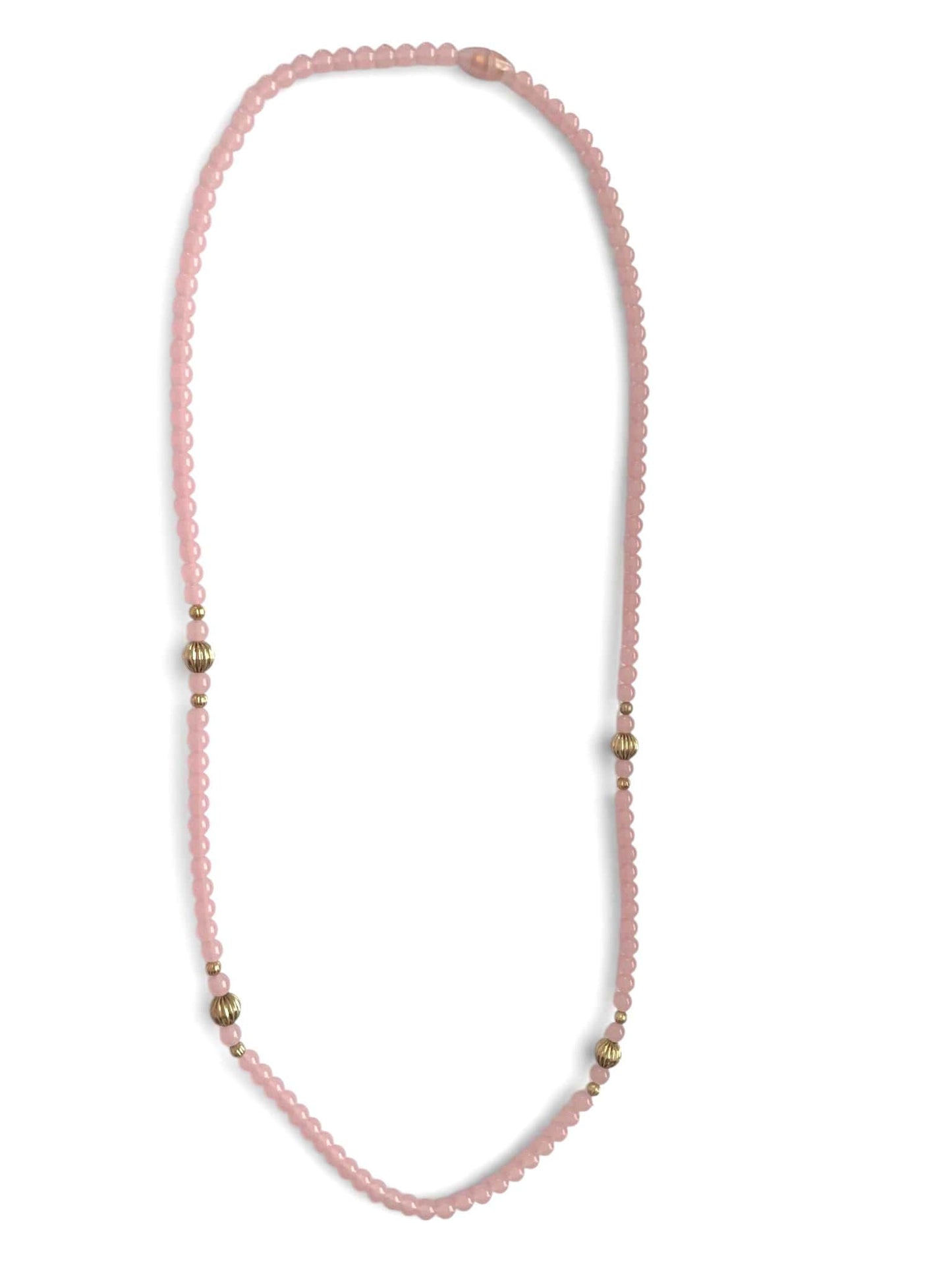 Vintage Pink Lucite Bead Necklace with Gold Ribbed Accent Beads, Blush Acrylic Statement Necklace, Minimalist Layering Jewelry