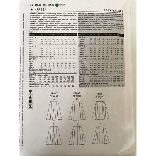 UNCUT Sewing Pattern - Vintage Vogue Pattern V7910 Misses' Skirt, Size 18-20-22