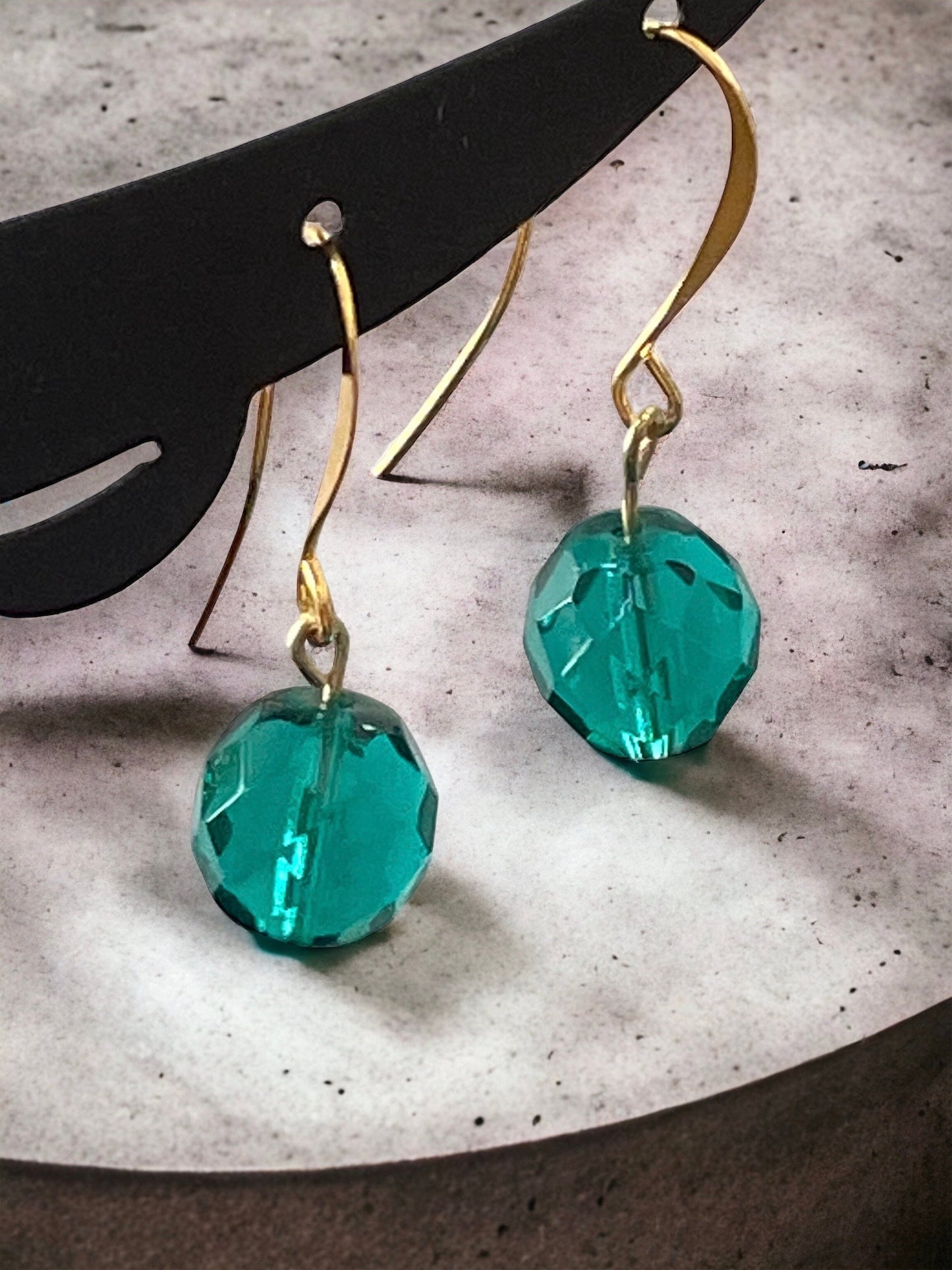 Minimalist turquoise glass crystal dangle earrings with sloped goldstone ear wires