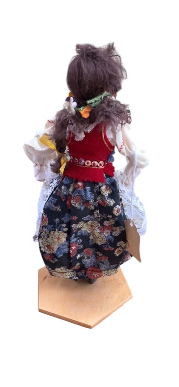 Vintage Polish Folk Doll, Krakow Region Traditional Costume, Embroidered Vest, Lace Apron, Floral Embellishments, collectible - please read
