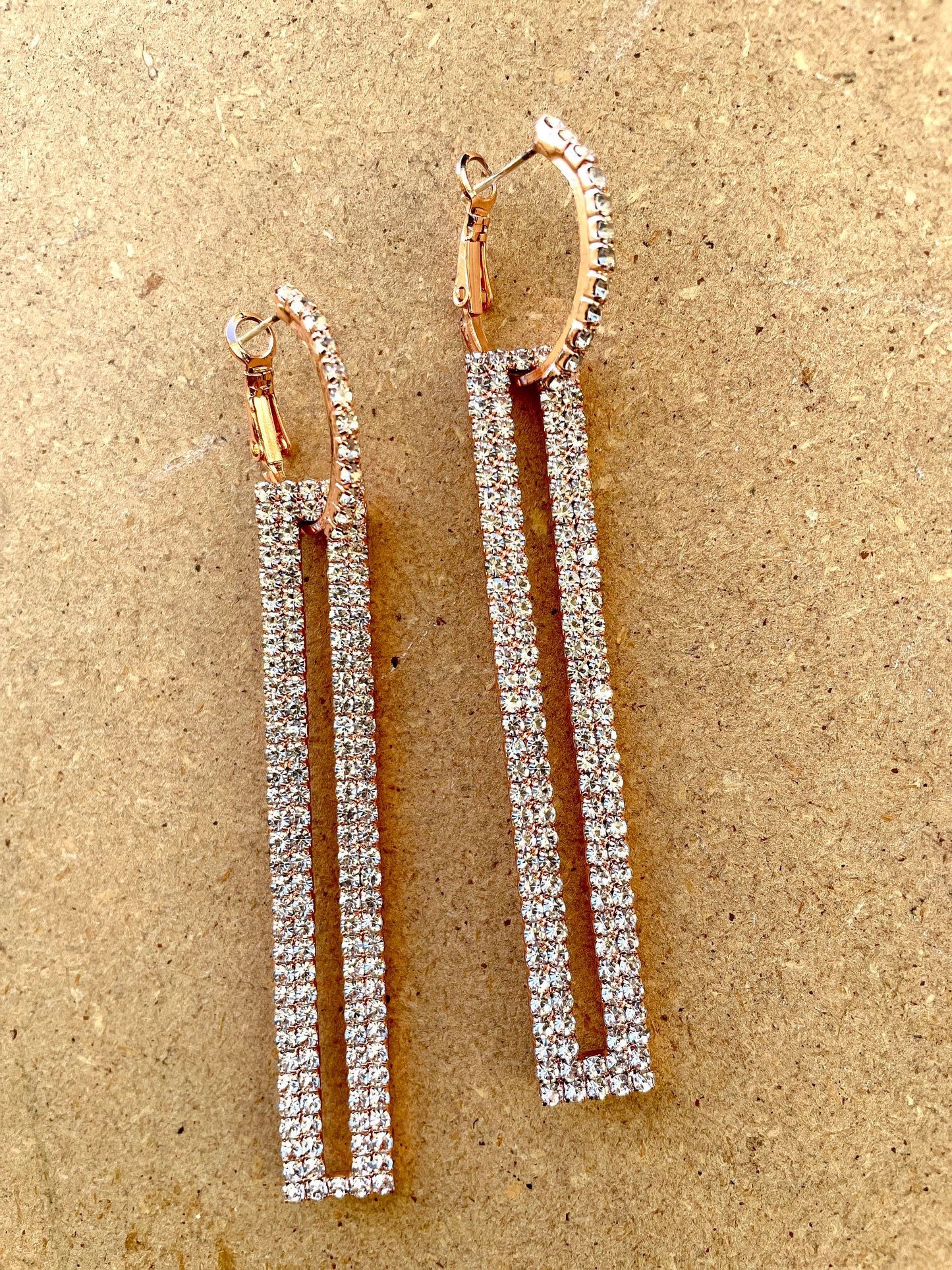 Simply elegant vintage earrings - rhinestone hoops with long rectangular rhinestone dangles