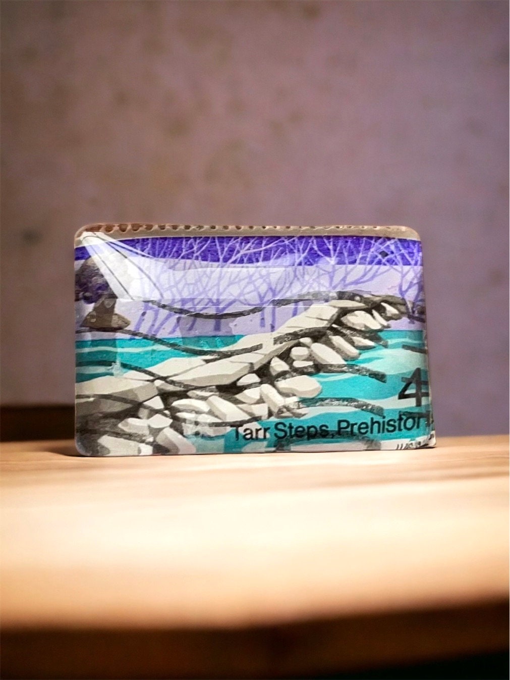 Necklace pendant or pin made from a genuine vintage postage stamp - British Bridges - Tarr Steps, Great Britain