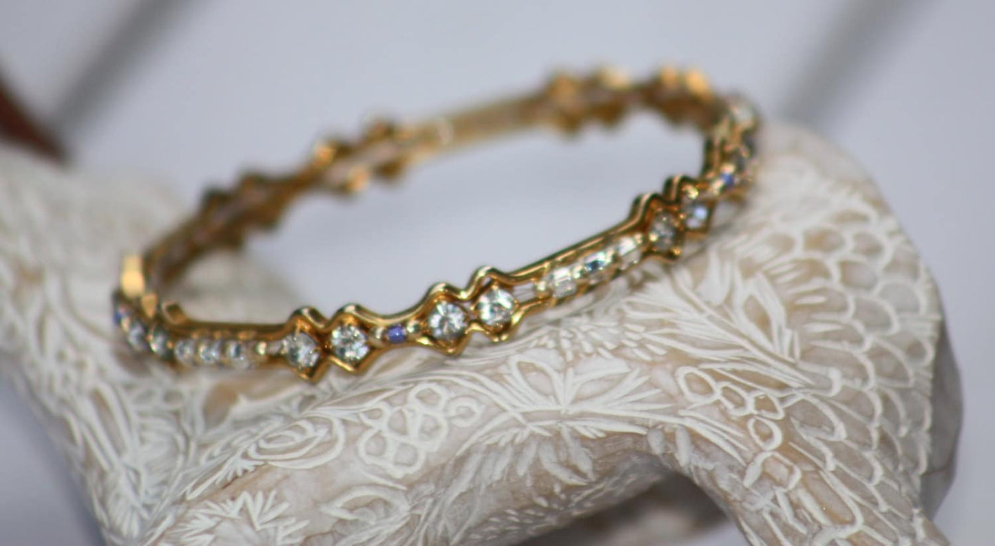 One-of-a-kind, handmade, intricately beaded upcycled bangle bracelet - beadwork, rhinestones, purple & white/silver/gold
