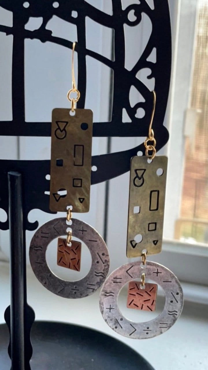 Stunning mixed metal geometric designed dangle earrings - signed NP