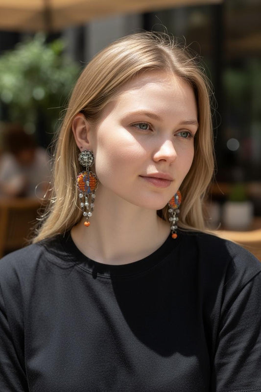 Orange and gray mixed media collage earrings with mixed metals, fabric, crystal and wood; Sterling silver ear wires