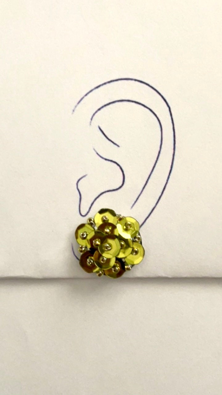 Gold sequin and beadwork stud earrings - for pierced ears OR clip on earrings - your preference