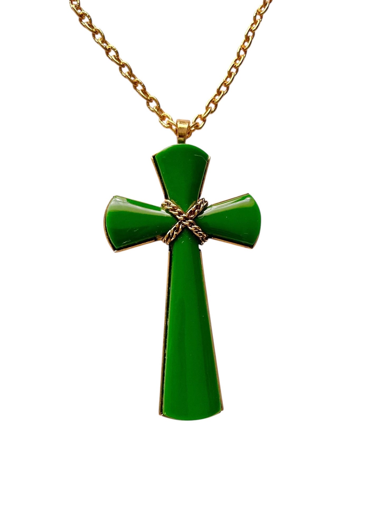 Vintage Avon Green Enamel Cross Pendant Necklace, Gold-Tone Chain, 1980s Avon Jewelry, Religious Statement Necklace