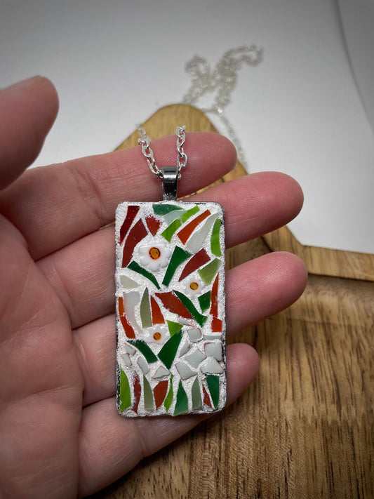 My handmade flower garden - one-of-a-kind micro mosaic necklace with handcut tile and glass