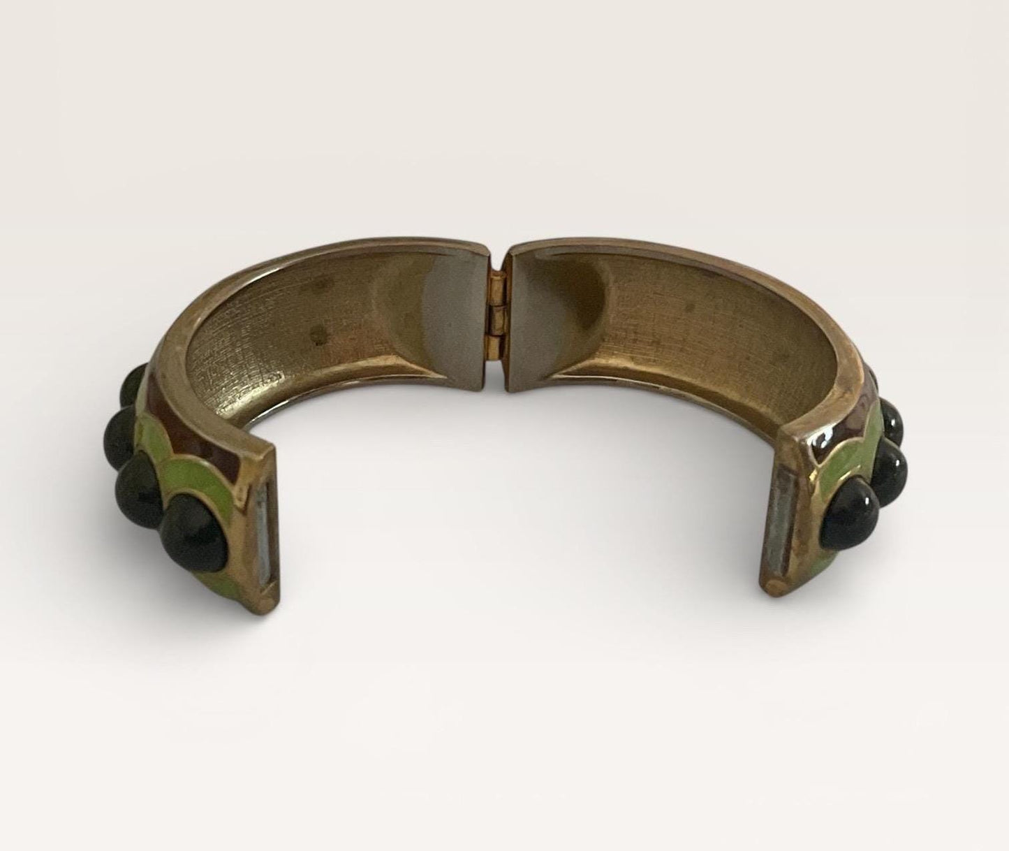 Vintage Green Enamel Clamper Bracelet with Black Cabochon Stones | Gold Tone Hinged Bangle | Retro Statement Jewelry
