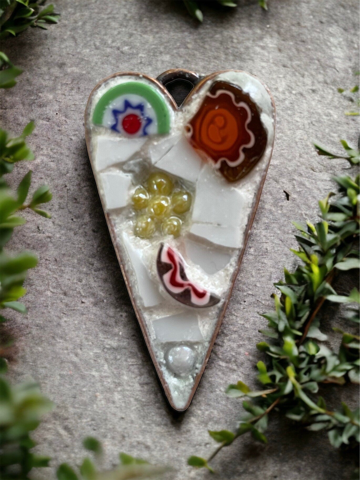 Handmade mosaic heart necklace - made from hand cut pieces of a broken vintage dish