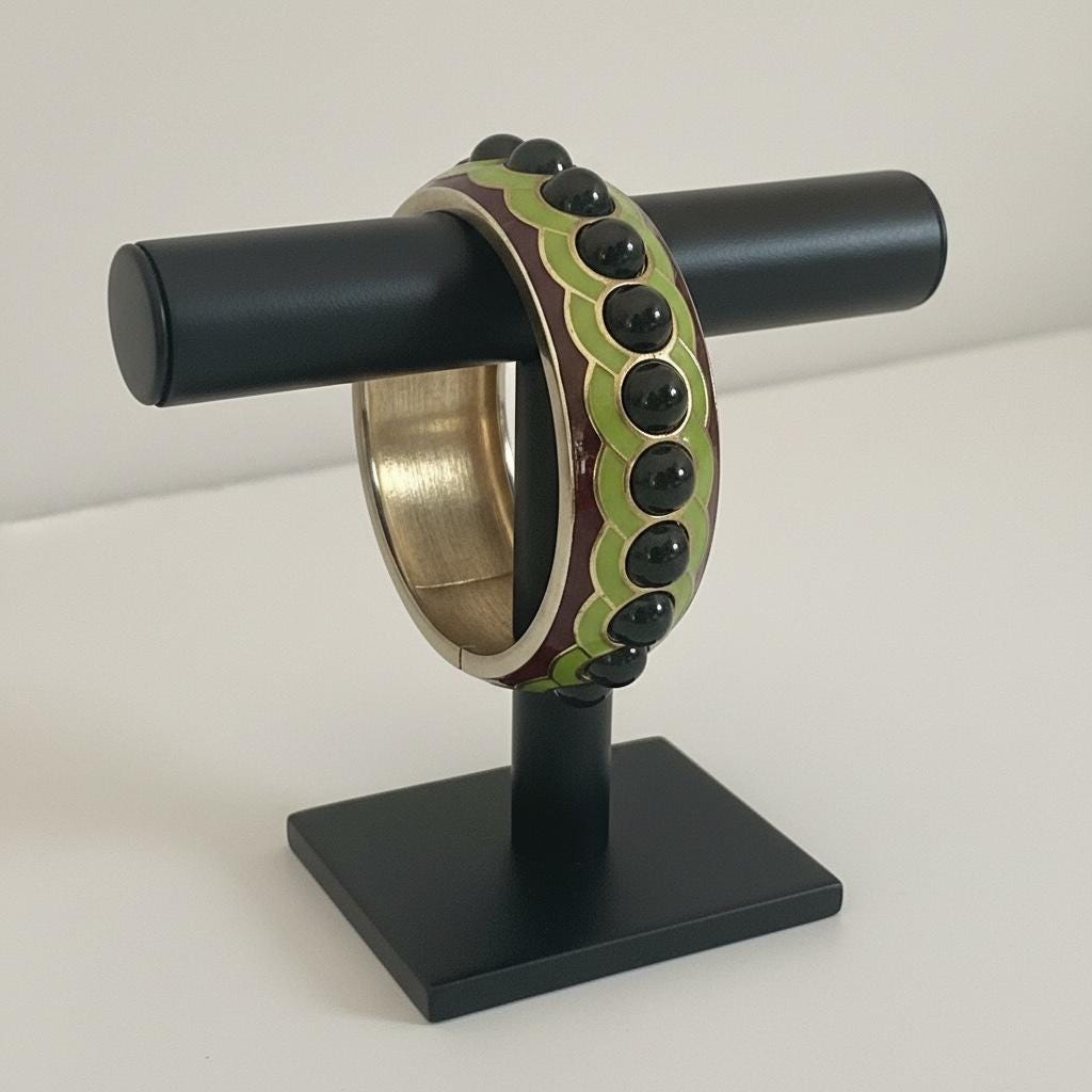 Vintage Green Enamel Clamper Bracelet with Black Cabochon Stones | Gold Tone Hinged Bangle | Retro Statement Jewelry