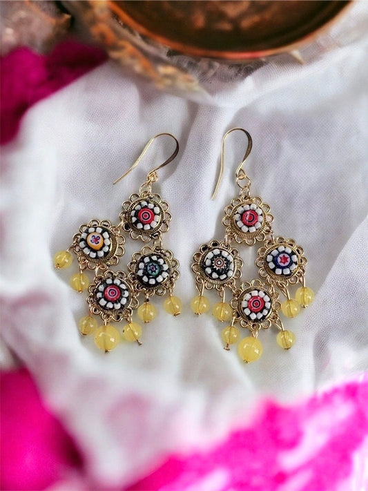 Handmade Italian millefiori mosaic dangle earrings with beads
