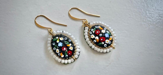 My own handmade Italian style round inlaid micro mosaic glass earrings which I trimmed with beadwork