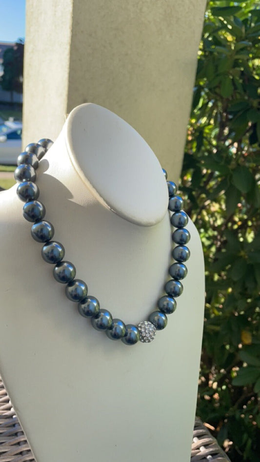 Stunning vintage large black faux pearl round beads with rhinestone ball that adds sparkle and bling