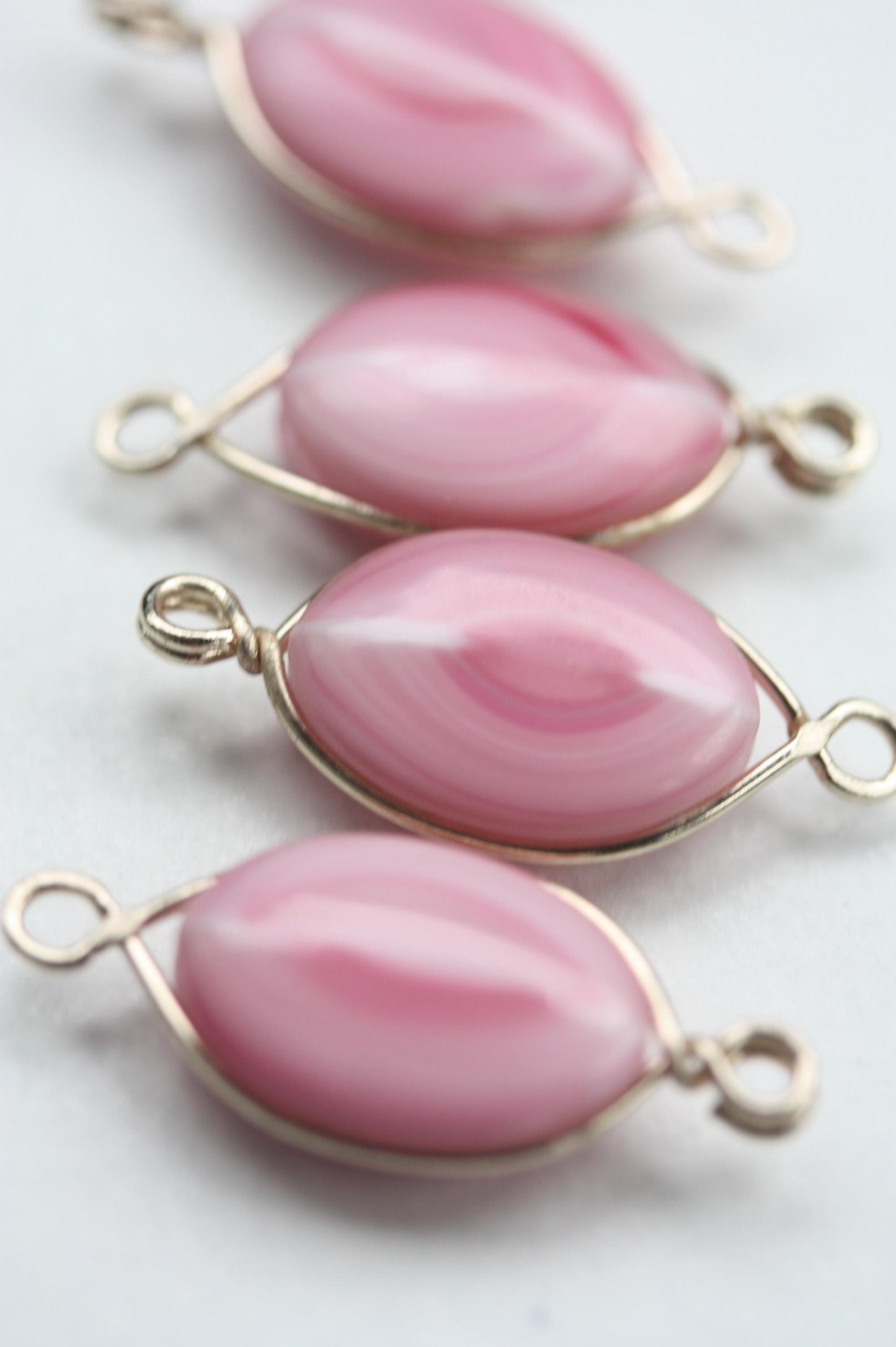 Unique pink and white swirled art glass beads - with wires