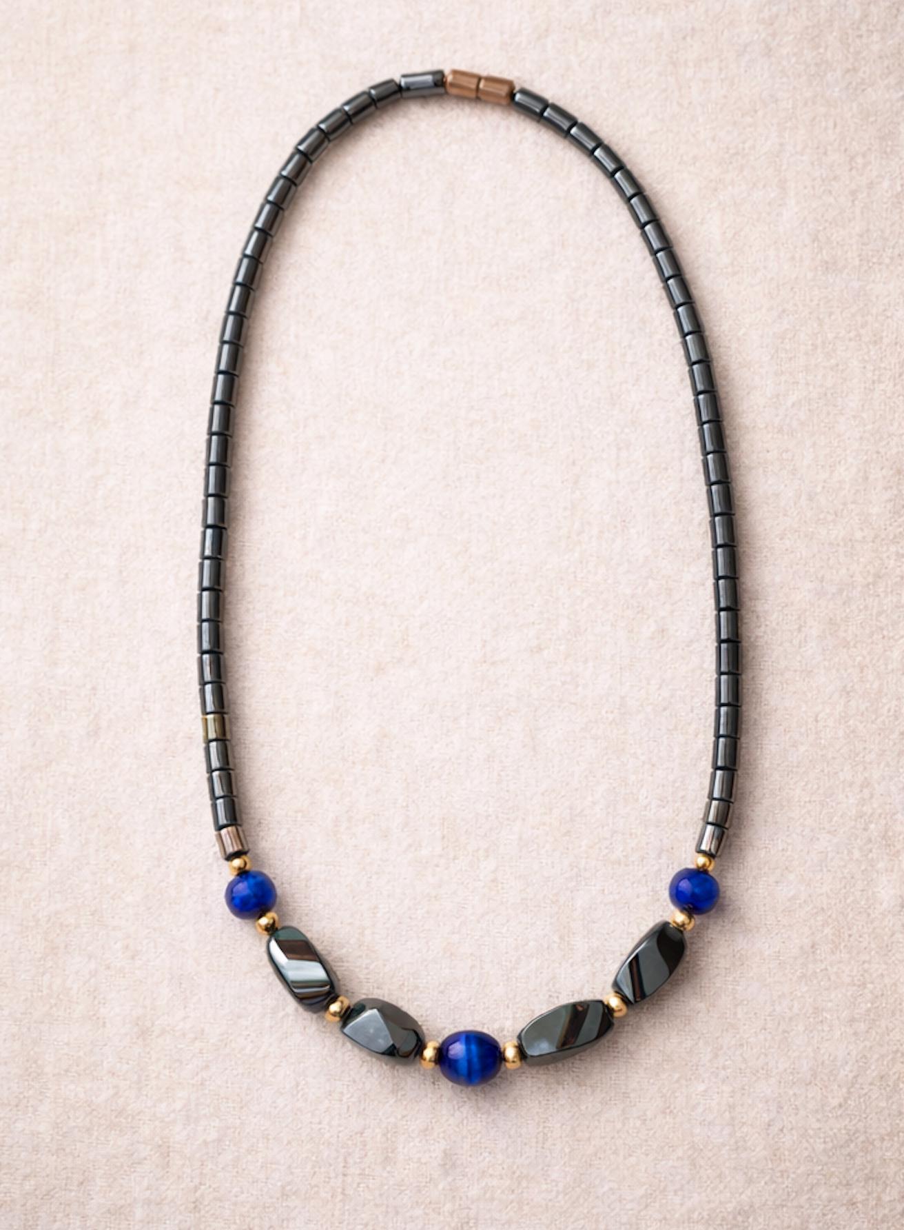 Vintage Hematite Cobalt Blue Bead Necklace, 90s Minimalist Choker, Gold Accent Statement Jewelry