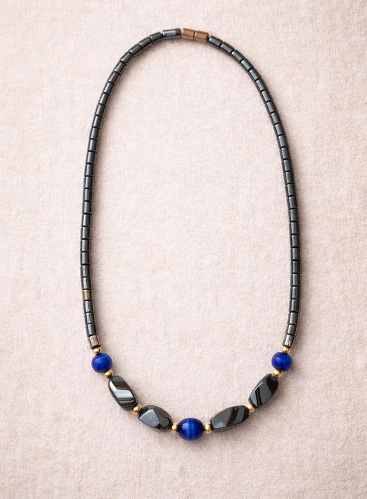 Vintage Hematite Cobalt Blue Bead Necklace, 90s Minimalist Choker, Gold Accent Statement Jewelry