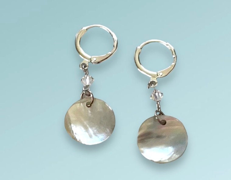 Natural mother-of-pearl shell bead dangle earrings with tiny crystals
